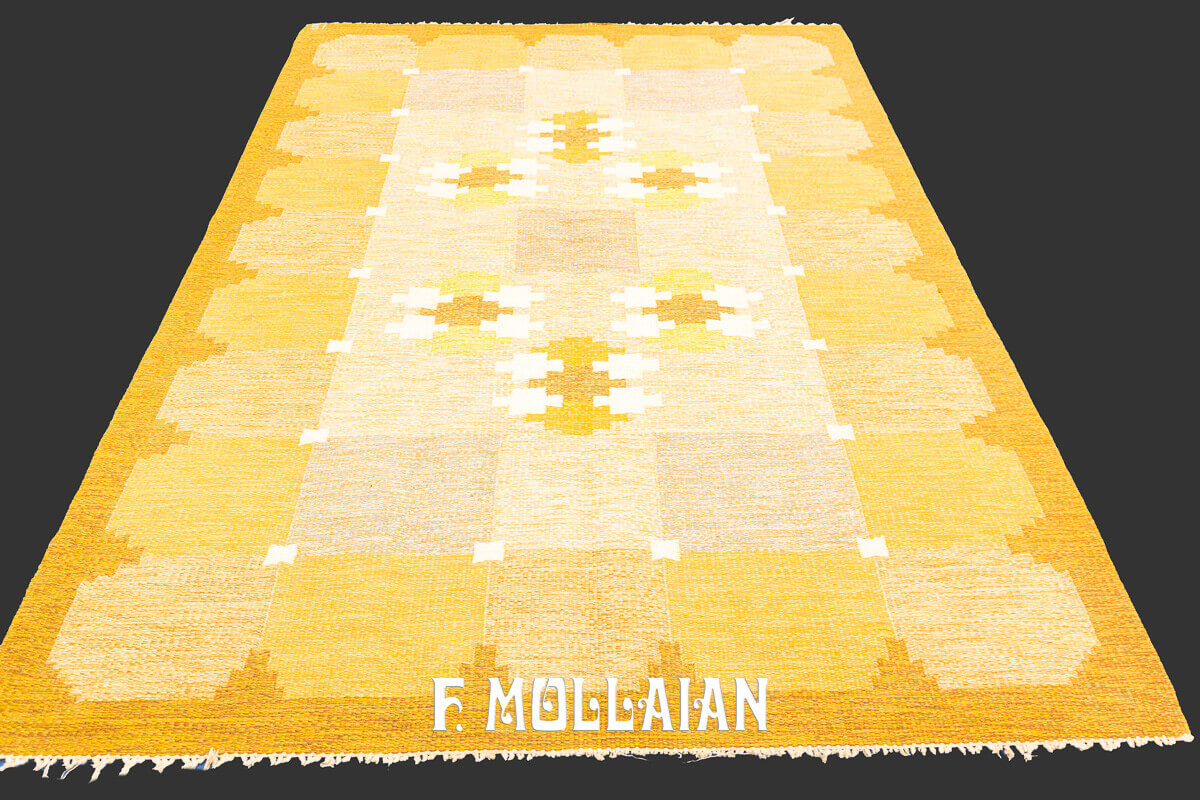 Signed «I S» Flat woven gold color Swedish Rolakan kilim n°:887936